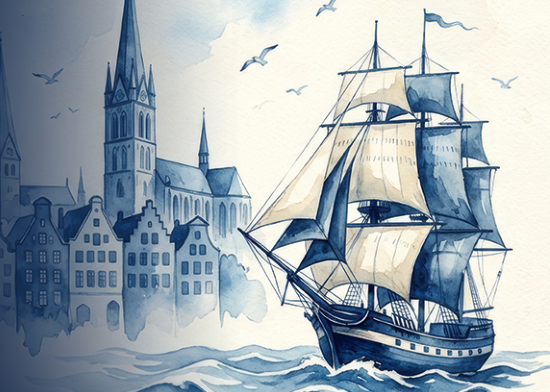 Maritimes Aquarell aus dem Hanse-Care-Flyer: ein Segelschiff vor einer hanseatischen Stadtkulisse
